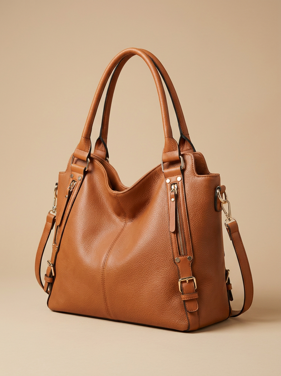 Tan leather slouchy hobo tote bag, three-quarter side angle