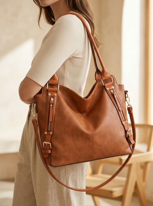 Woman carrying the tan leather slouchy hobo tote bag on her shoulder