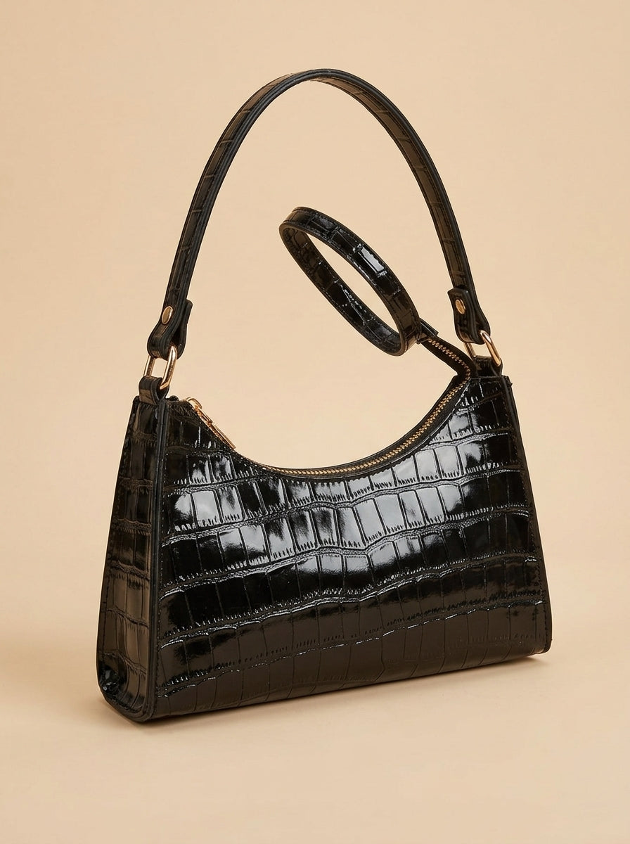 Croc-Effect Baguette Shoulder Bag