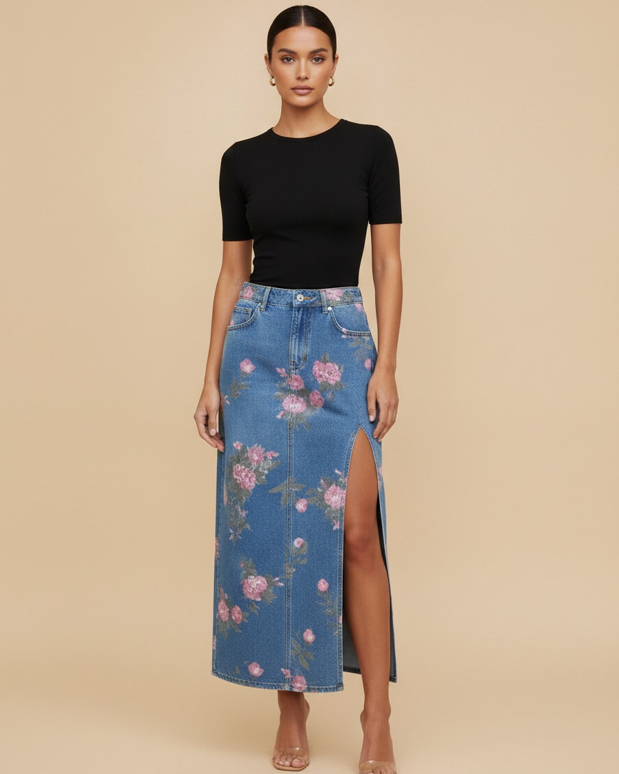 slit denim skirt washed midi 81536