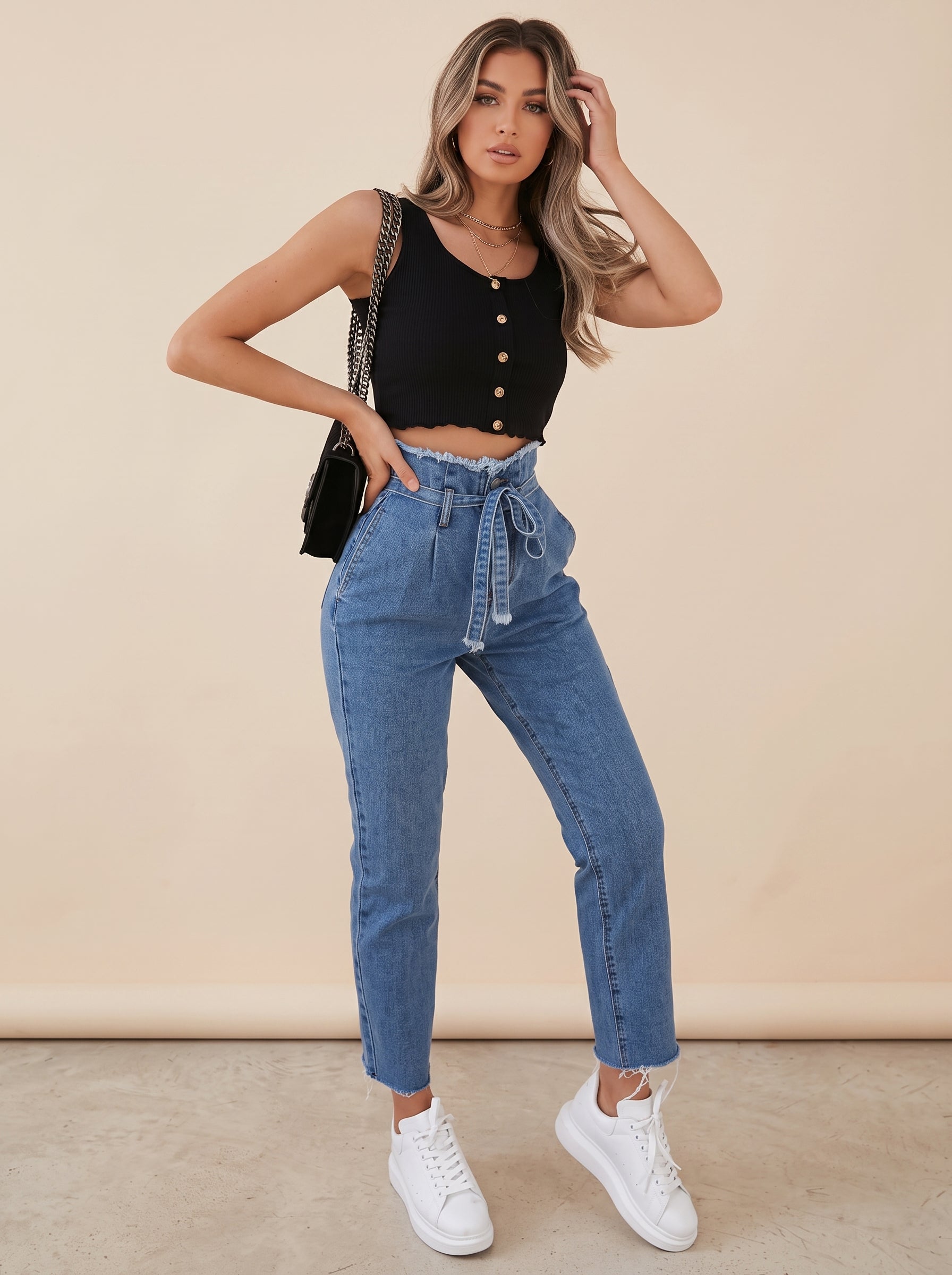 High-Waist Paperbag Tie Jeans — Velora