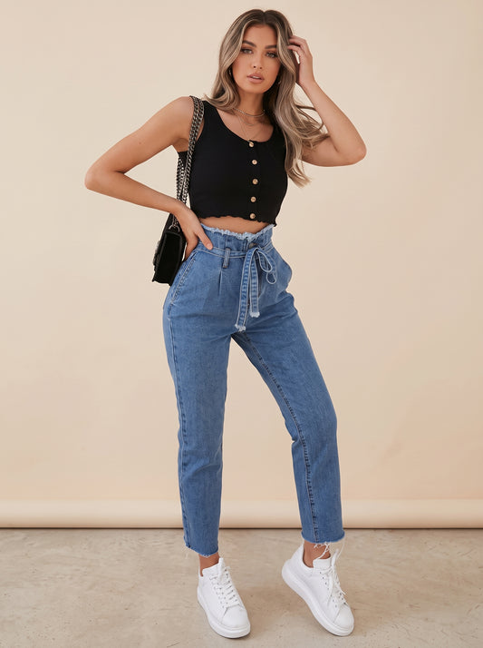 High-Waist Paperbag Tie Jeans — Velora
