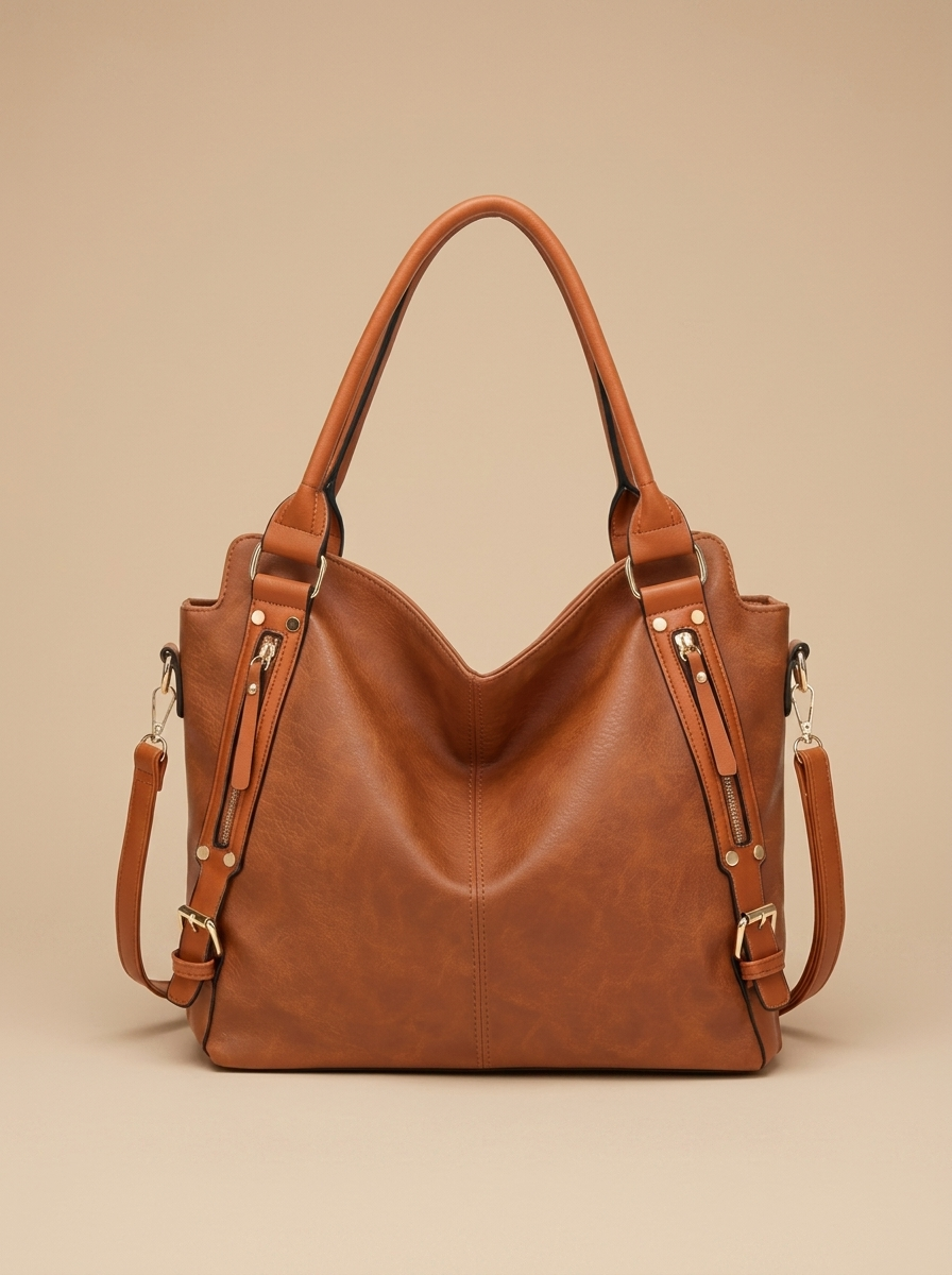 Tan leather slouchy hobo tote bag, front view