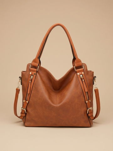 Tan leather slouchy hobo tote bag, front view