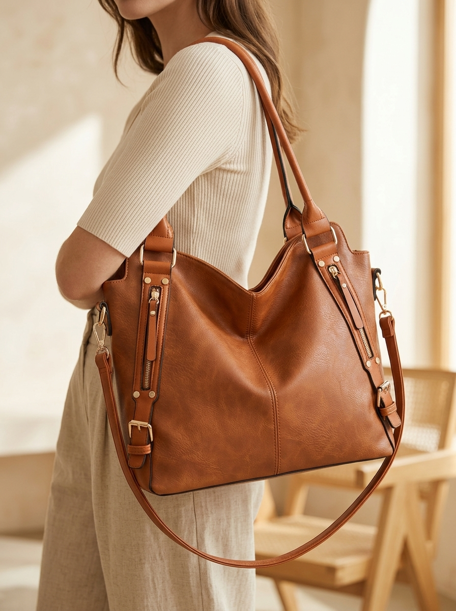 Woman carrying the tan leather slouchy hobo tote bag on her shoulder
