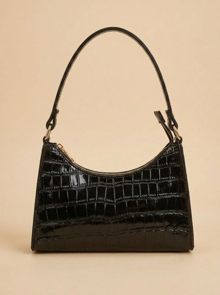 Black glossy croc-effect baguette shoulder bag, front view