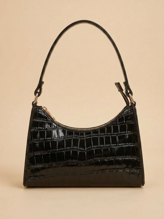Black glossy croc-effect baguette shoulder bag, front view