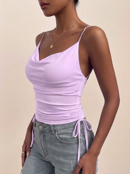 Lilac cowl-neck ruched cami top, side view