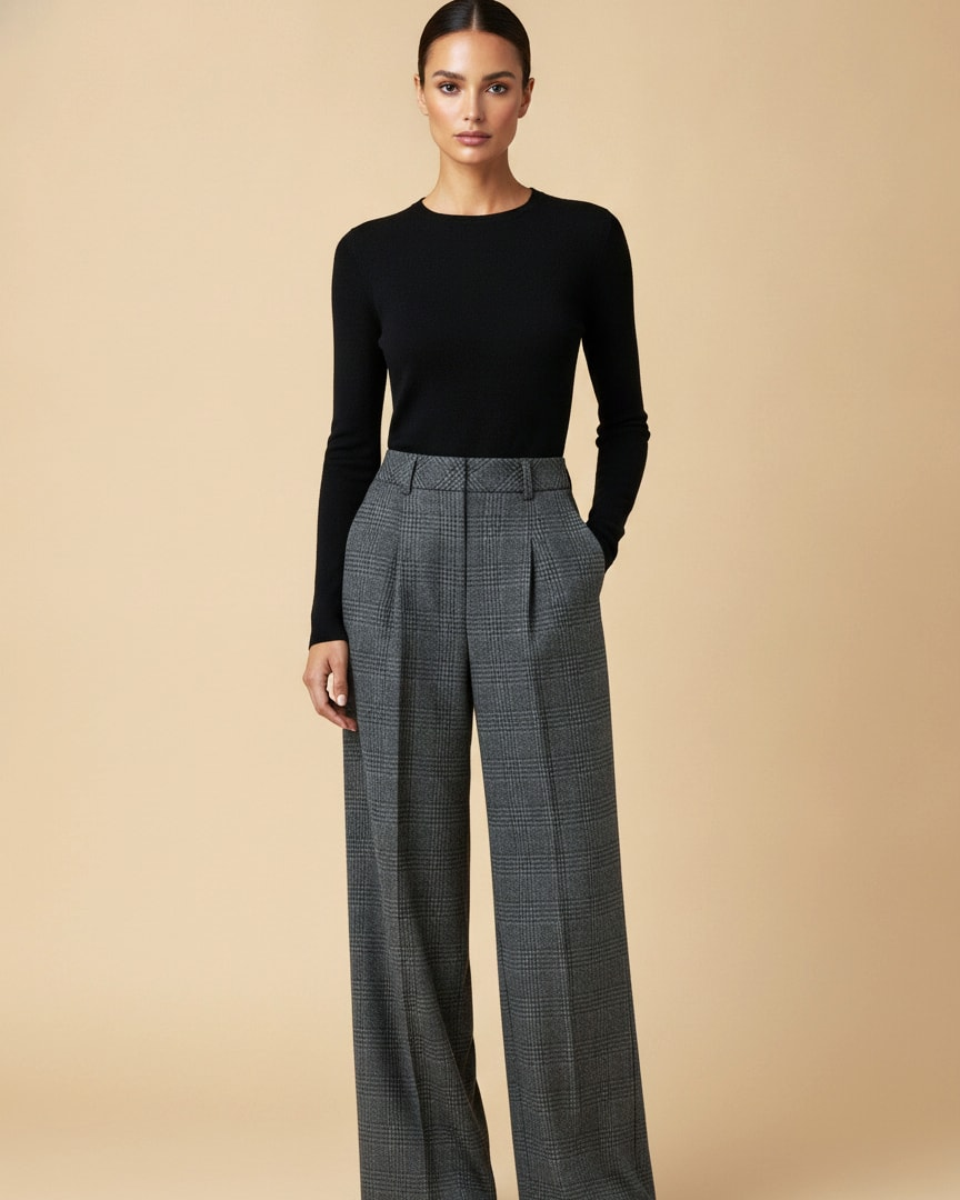 houndstooth blended pleated straight leg trousers 27500