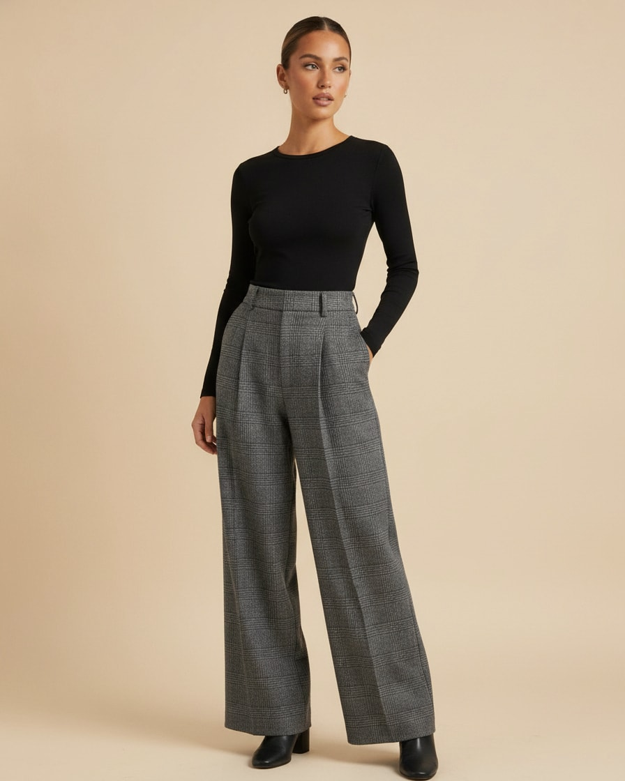 houndstooth blended pleated straight leg trousers 27500