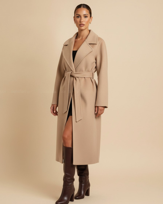 long sleeve lapel tie wool coat 19500