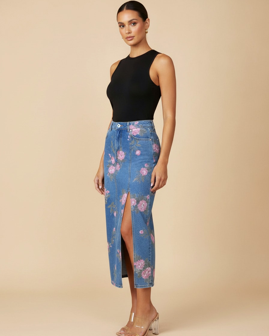 slit denim skirt washed midi 81536