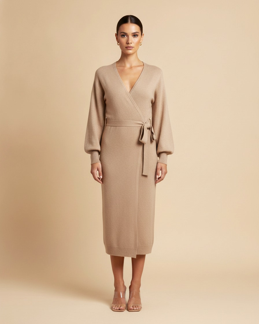v neck knit midi dress