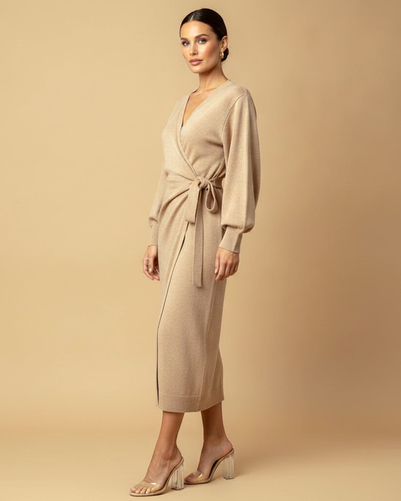 v neck knit midi dress